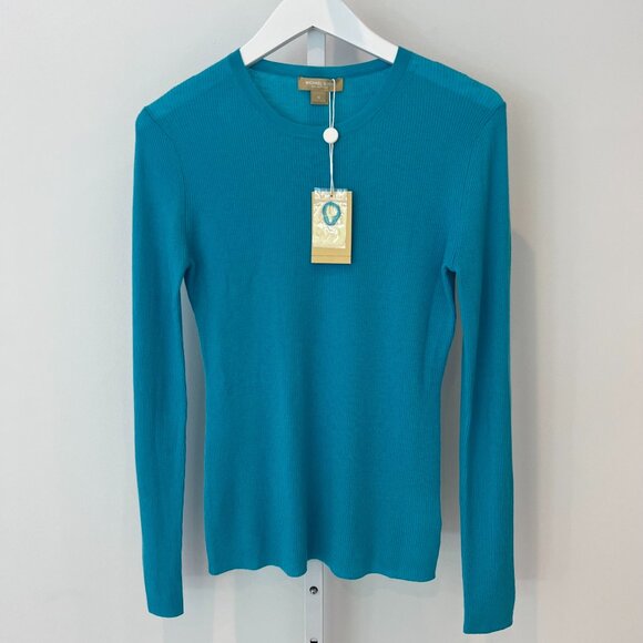 MICHAEL KORS COLLECTION AQUA CASHMERE RIBBED PULLOVER SWEATER SIZE M NWTS! - Picture 5 of 16